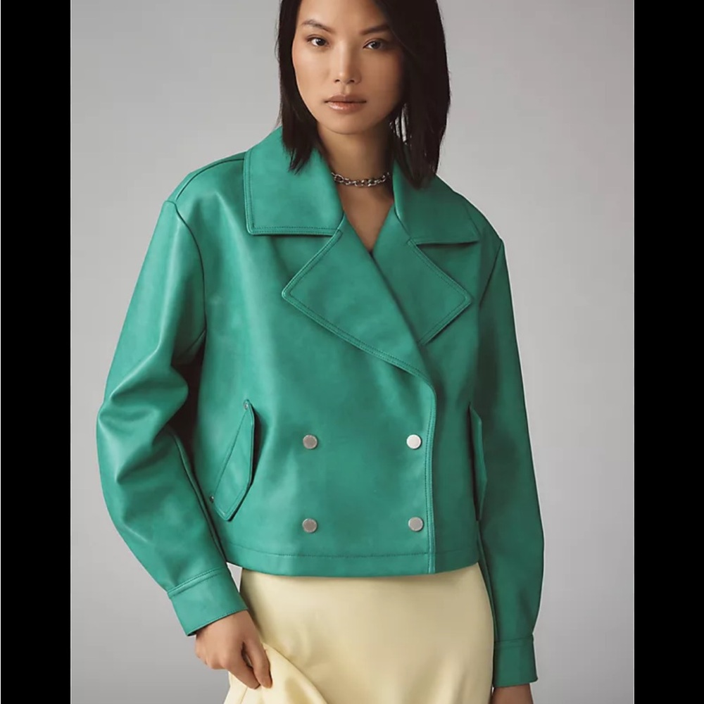 Avec Les Filles Teal Green Double-Breasted Vegan Leather Faux Crop Peacoat